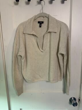 AQUA Cashmere Long Sleeve V-Neck Polo Pullover Sweater, Oatmeal, XL